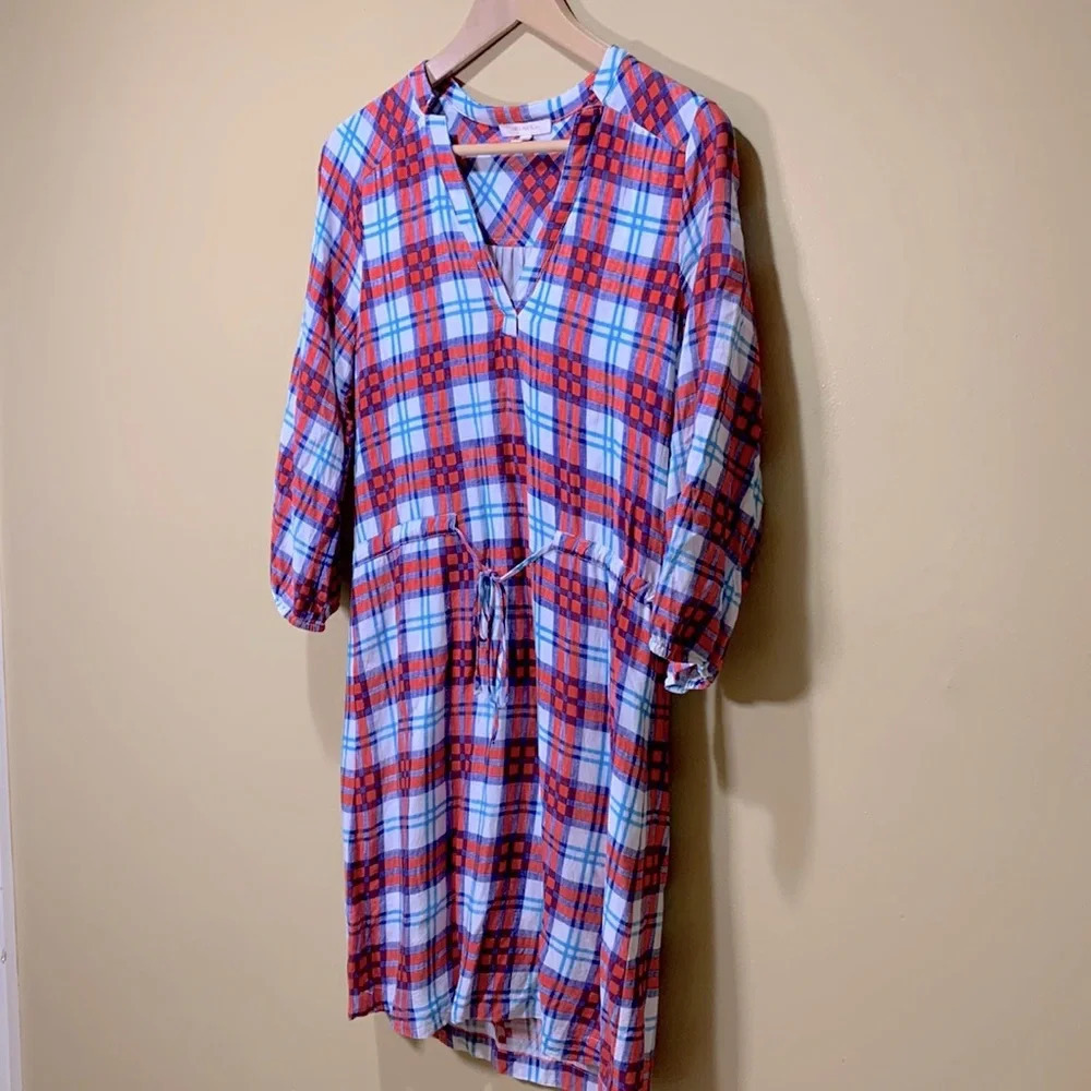 Skies are blue cinch waist red white blue plaid tartan dress 3/4 sleeve size med